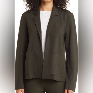 Eileen Fisher Dark Olive Notched Lapel Ponte Open Front Sustainable Blazer XS